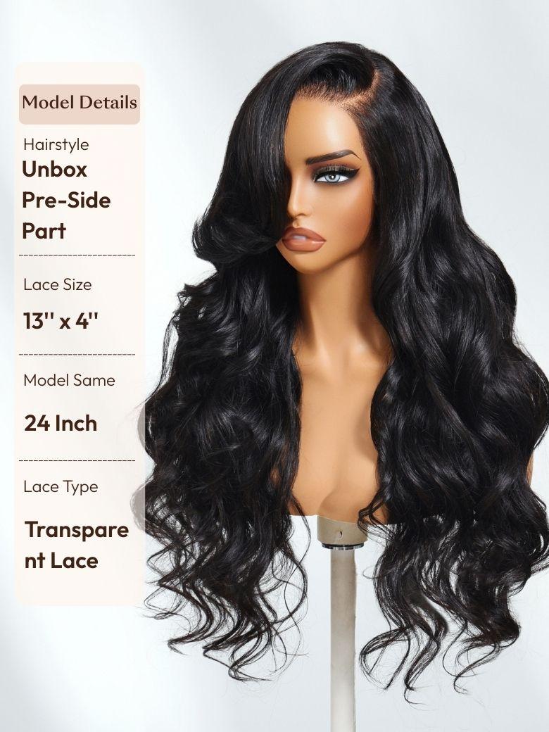 A model displays the UNice 13x4 Pre-Everything Wig With Face-Framing Layers And Side-Swept Bangs With, showing a wig with long wavy hair and bangs and 13x4, drawstring.