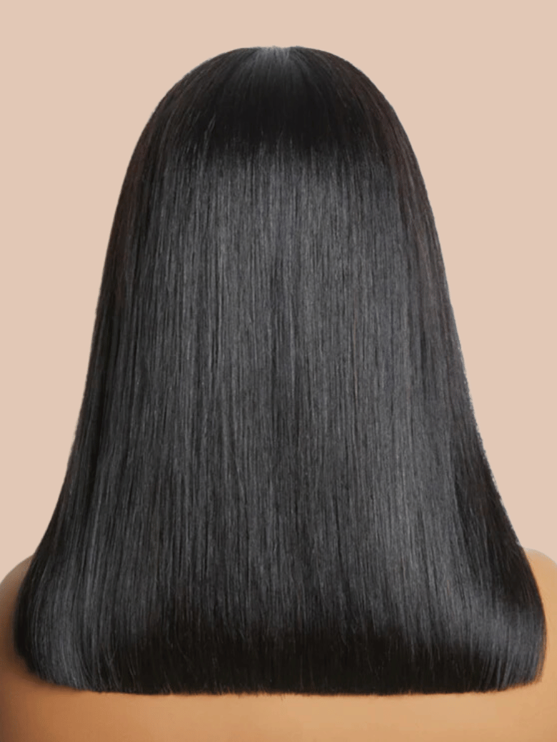 The UNice Invisi Drawstring 7x5 Put On And Go Lace Summer Style Glueless Lace Bleached wig visual image position 8 shows a model with long black hair | 7x5, glueless.