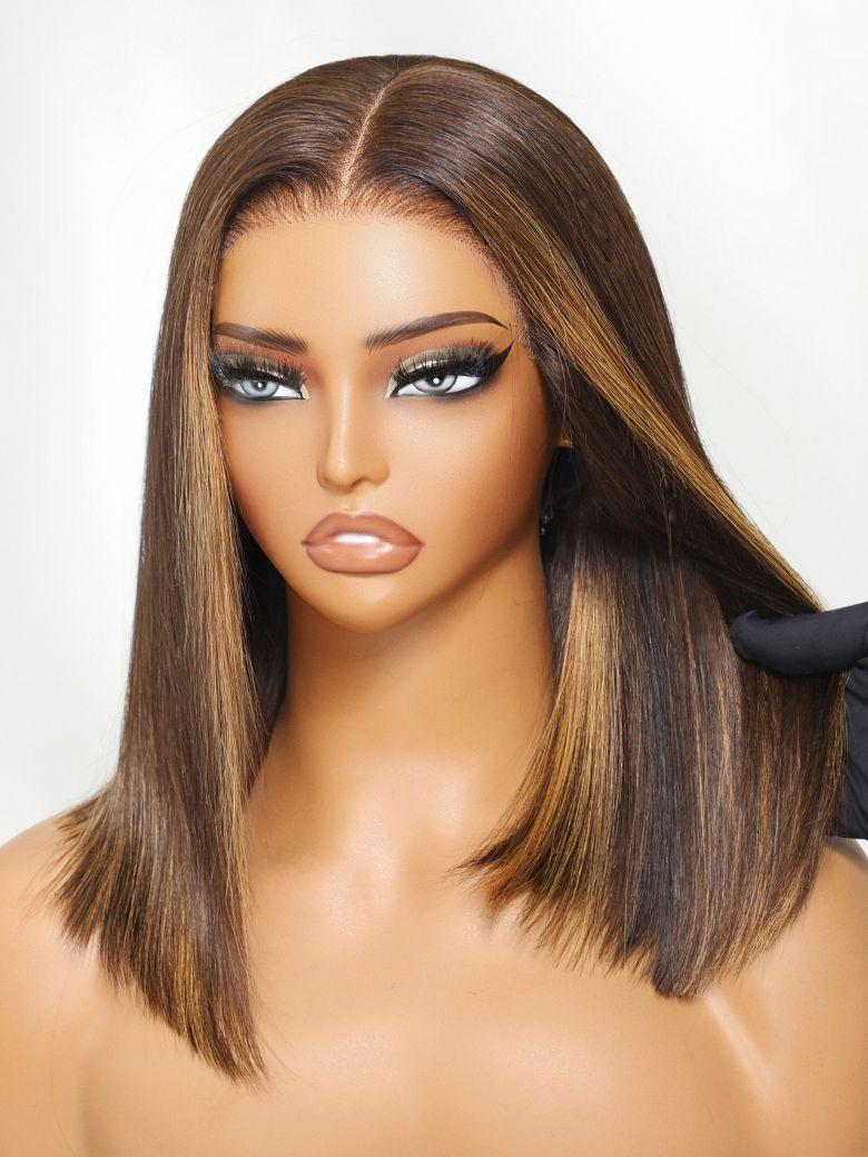 UNice Espresso Brown With Highlights Bye-Bye Slip 7x5 Lace Middle Part Blunt Bob Wig With Invisi Drawstring
