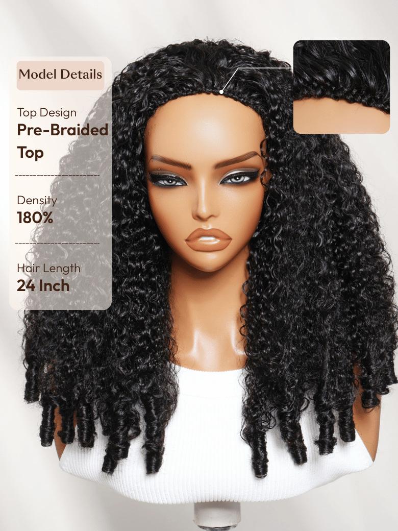 The UNice Half Wig MeltLine Burmese Curly with Finger Coily Ends Beginner Friendly with visual image position 7 shows a model with long curly hair and a white top |.