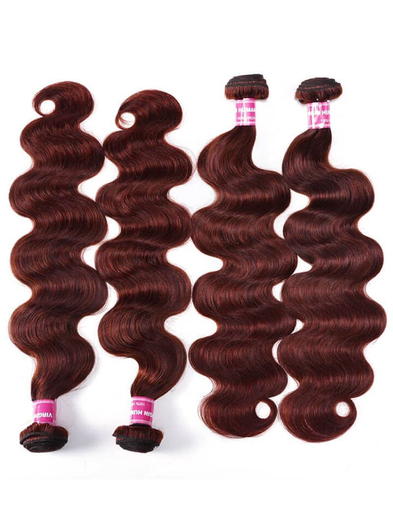 The UNice Vibrant Reddish Brown Body Wave 4Pcs 100% Remy Human Hair Bundles Deal product image shows body wave hair bundles and body wave texture, reddish brown.