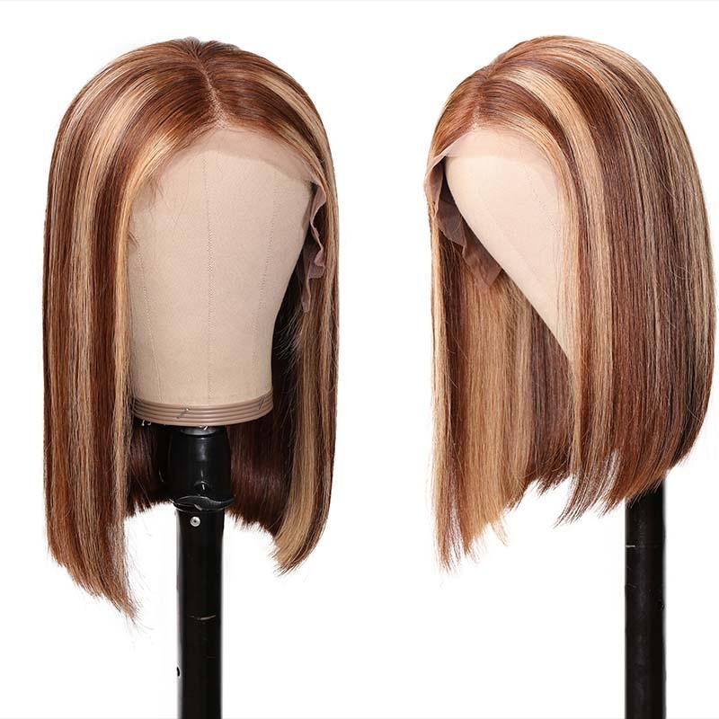 The UNice 13x4 Lace Front Ombre Color Highlight Straight Bob wig is shown with a wig with a long, straight, straight hair and straight texture, ombre, highlight.