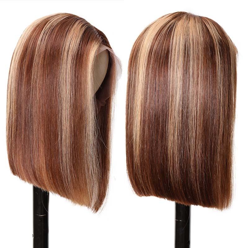 The UNice 13x4 Lace Front Ombre Color Highlight Straight Bob wig is shown with a wig with a long, straight hair and straight texture, ombre, highlight.