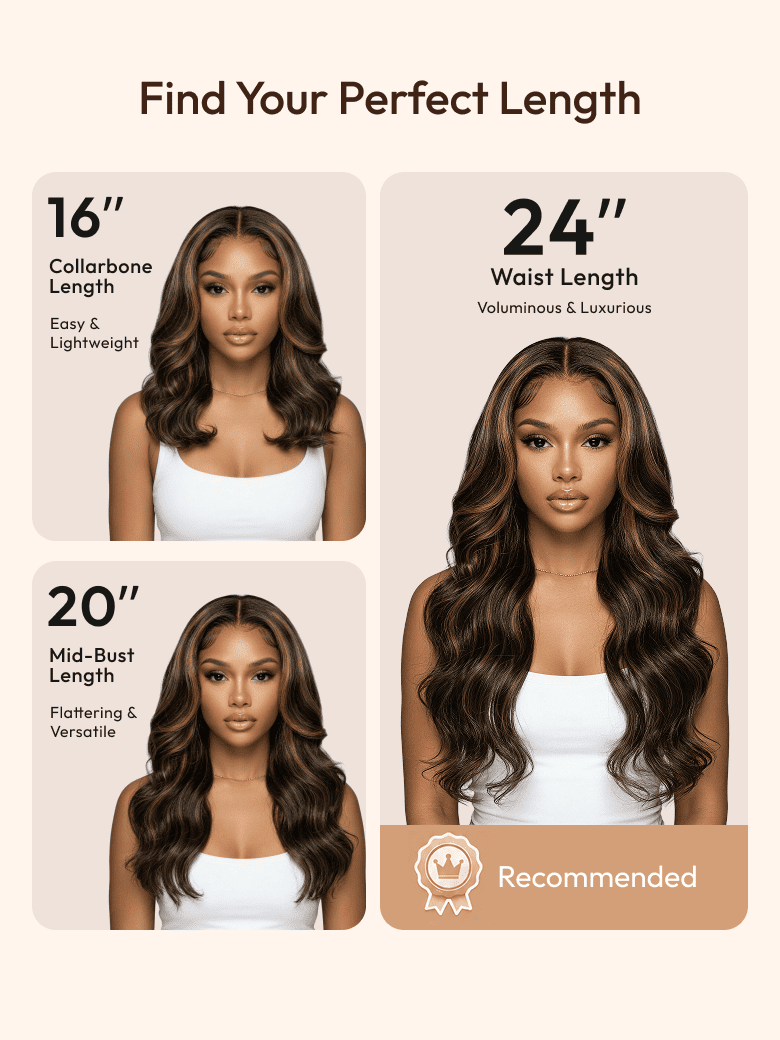 A model displays the UNice 7x5 Bye Bye Slip Lace Black with Golden Brown Highlights Body Wave Wig with, showing the best hair extensions for black women and body wave.