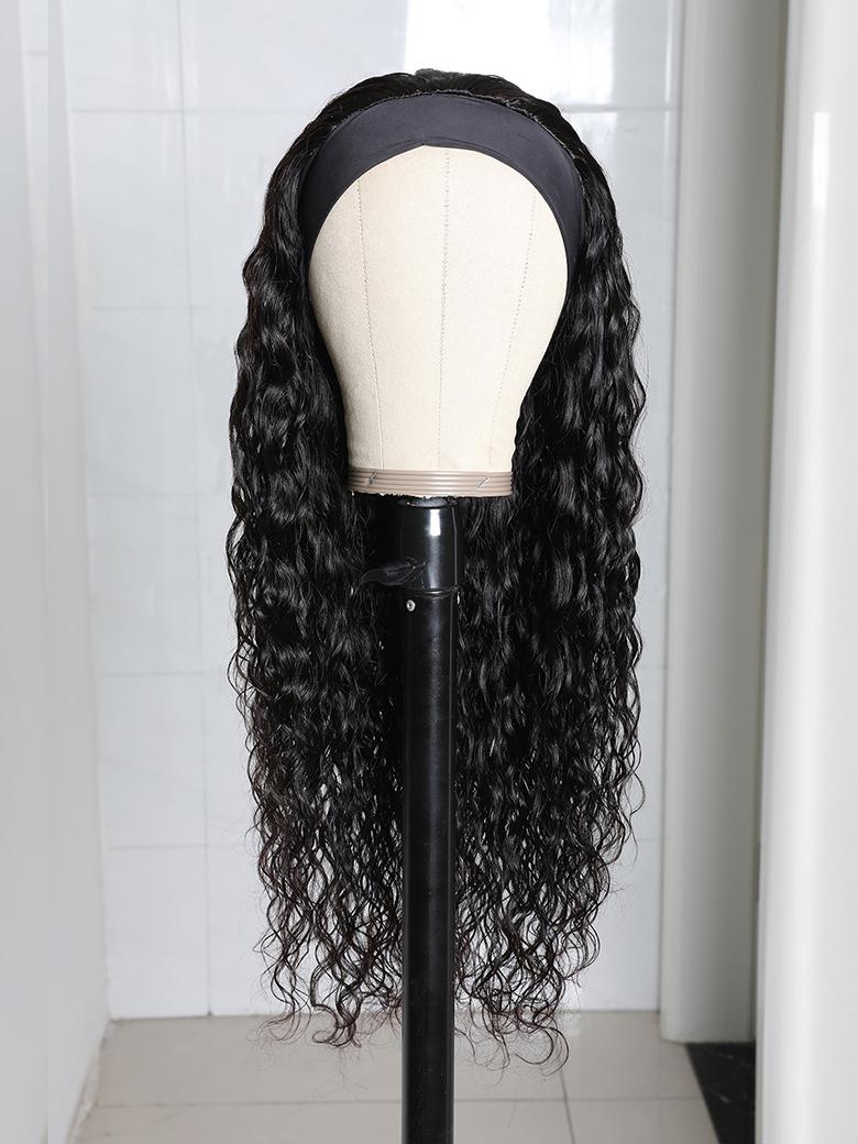 The UNice Put On And Go Water Wave Human Hair Headband Glueless Wig product image shows a wig on a stand and water wave texture, glueless wear.