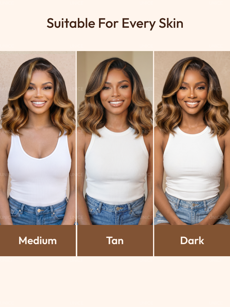 A model displays the UNice 7x5 & 13x4 Pre-Everything Lace Frontal Brown With Honey Blonde Face-Framing, showing a model with dark hair and a white tank top and honey.