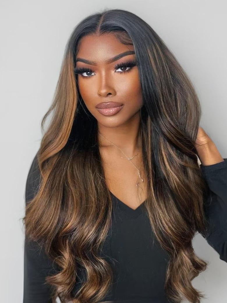 A model displays the UNice 7x5 Bye Bye Knots & 13x4 Pre-Everything Wig Glueless Lace Balayage Highlight, showing a model with long brown hair wearing a black top.