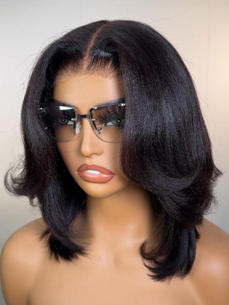 The UNice Black Yaki Bob 7x5 Bye Bye Knots Drawstring Wig Glueless Bleached Knots Wig product image shows a wig with glasses on it and yaki texture, 7x5, glueless wear.