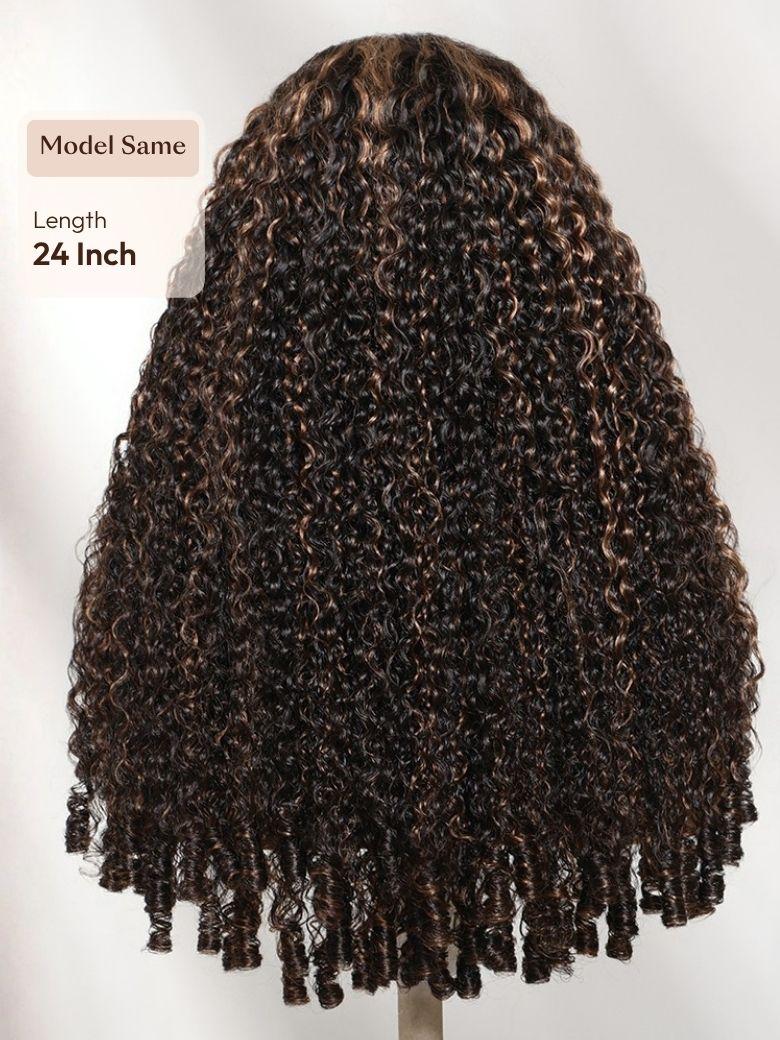 UNice Golden Brown Highlights Burmese Curly Wig With Finger Coil Ends Bye-Bye Slip™ 7×5 Lace Closure Glueless Glam-Ready Dimensional Color
