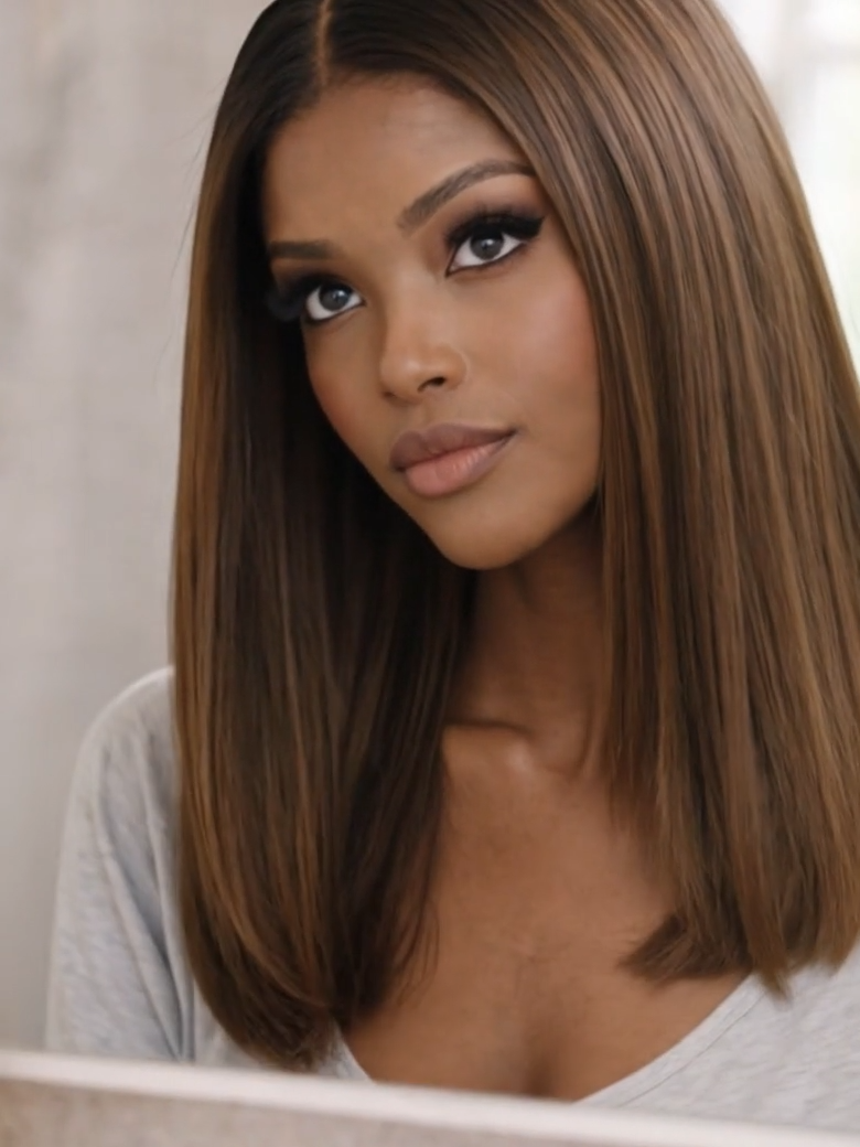 A model displays the UNice Bye Bye Slip 7x5 & 13x4 Lace Black to Chestnut Brown Ombre Yaki Bob Wig, showing a model with long brown hair and a grey shirt and yaki.
