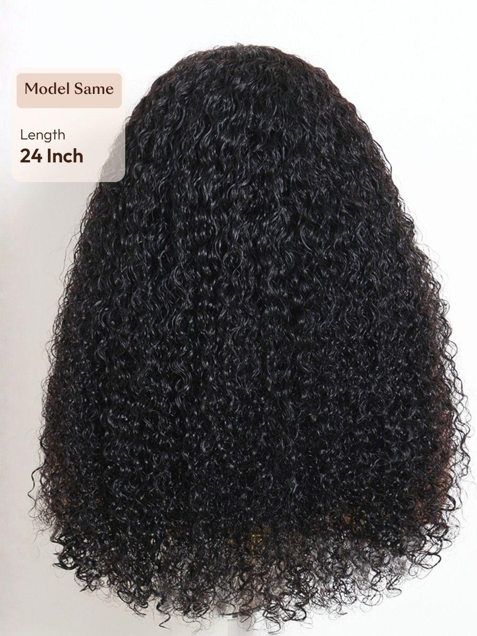 A model displays the UNice 7x5 Lace Bye Bye Slip Glueless Wig Black Kinky Curly Wig With 4C Baby Hair, showing the before and after of curly hair and kinky curly.