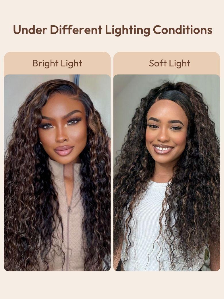 A model displays the UNice Bye Bye Knots 7x5 Lace Water Wave Black Wig With Golden Brown Highlights &, showing a model with long curly hair and a full wig and water wave.