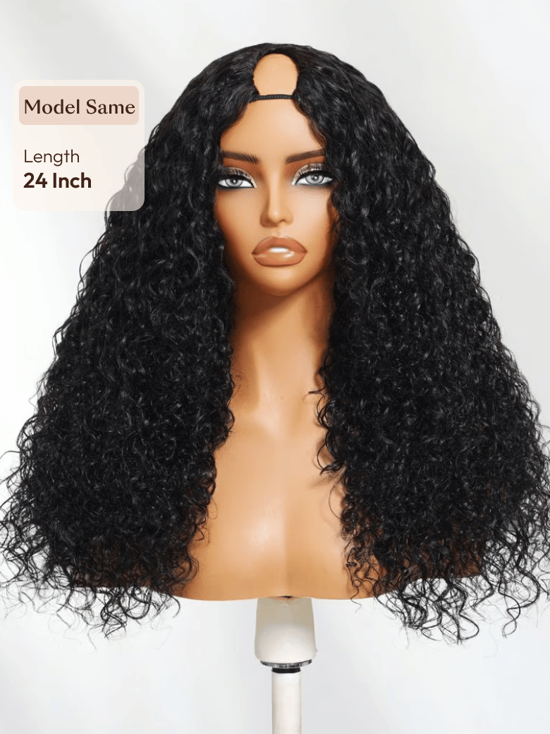 The UNice InvisiBlend V Part Bouncy Water Wave Curly Seamless Blending Wig With image highlights Model Same, Length, 24Inch, a wig with long curly hair and water wave.