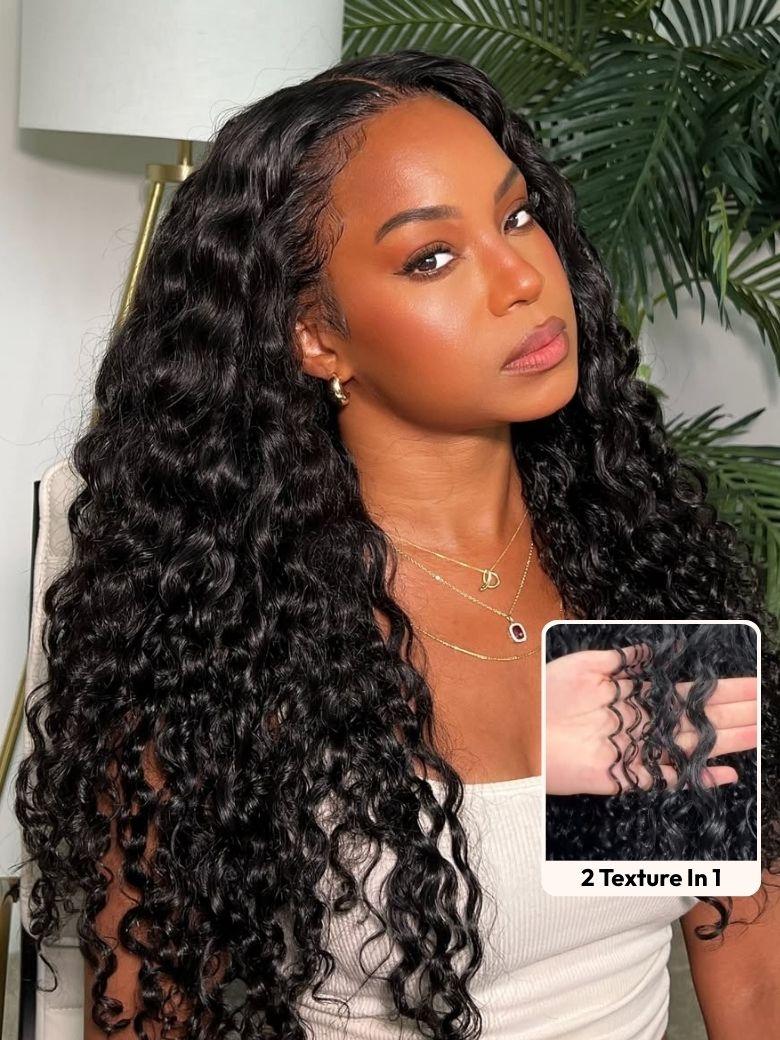 A model displays the UNice InvisiBlend V Part Bouncy Water Wave Curly Seamless Blending Wig With, showing a model with long curly hair wearing a white top and water wave.