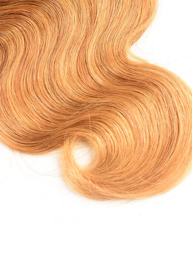 The UNice Hair Body Wave Virgin Hair 1 Bundle Unprocessed Ombre Human Hair Wave image highlights ON, a blonde colored hair extension and body wave texture, ombre.
