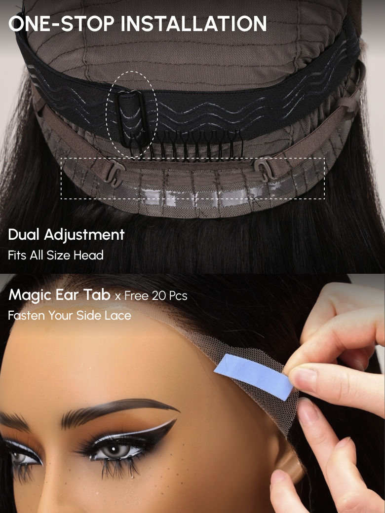 A model displays the UNice 13x6 Lace Frontal Pre-Everything Wig Black Yaki Straight With 4C Curly Baby Hair, showing a model is cutting her hair with scissors.