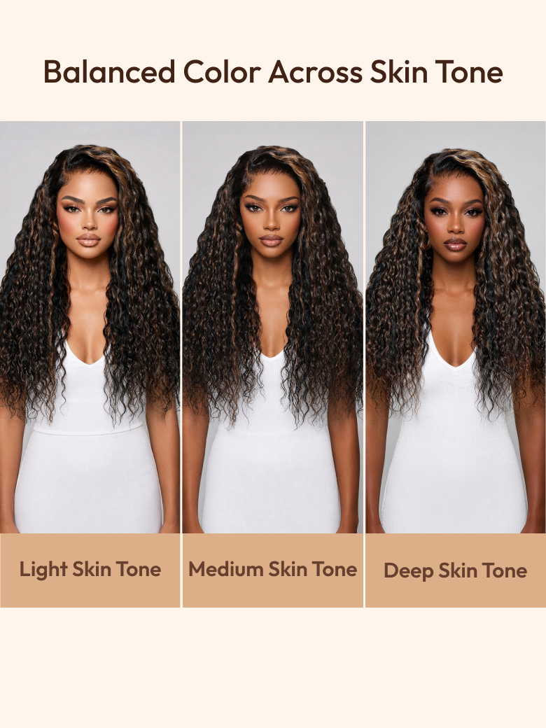 UNice 7x5 Bye-Bye Slip™ Lace 100% Human Hair Water Wave Wig with Golden Brown Highlights Glueless Summer-Ready
