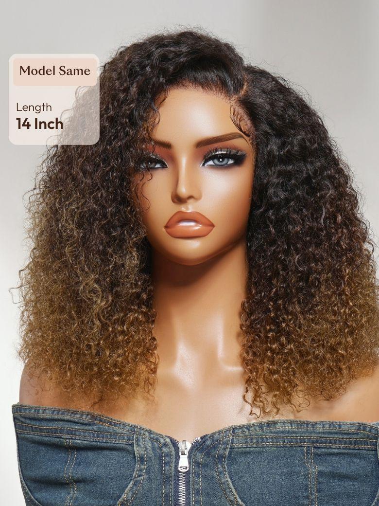 A model displays the UNice 7x5 Bye Bye Slip Lace Dark Brown to Golden Caramel Ombre Curly Glueless Wig, showing a model with long curly hair wearing a denim shirt.