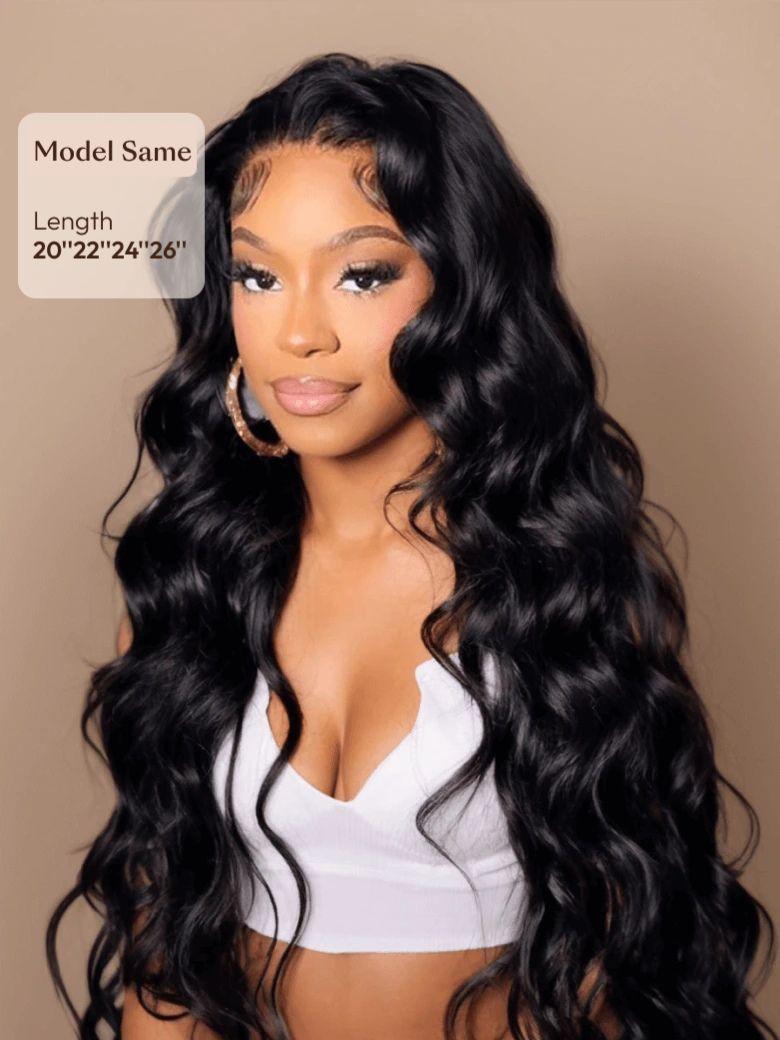 A model displays the UNice 3Pcs Remy Hair Body Wave Bundles with Lace Closure VIP Exclusive, showing a model with long black hair wearing a white top and body wave.