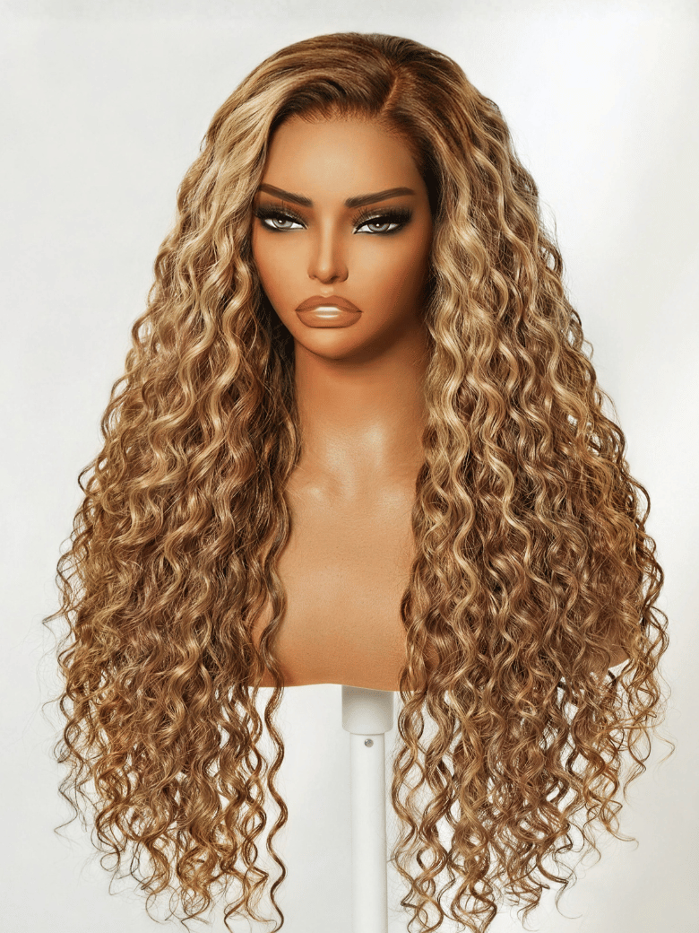 The UNice 13x4 Bye Bye Slip Lace Frontal Bronde Color With Honey Blonde Highlights Water product image shows a blonde wig with long curly hair and water wave texture.