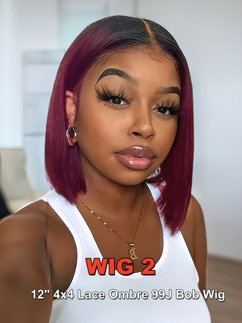 A model displays the UNice 2 wig $169 for 7x5 bye bye slip Chestnut Brown Ombre Finger Coil Ends Wig With, showing a model with red hair and a white tank top and ombre.