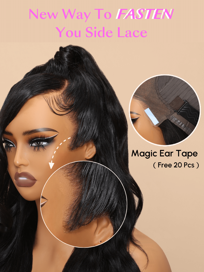 The UNice 7x5 Lace Bye Bye Knots & 13x6 Lace Frontal Black Body Wave Pre-Everything Wig image highlights NewWayToFASTEN, You Side Lace, MagicEar Tape, (Free20Pcs), a wig.