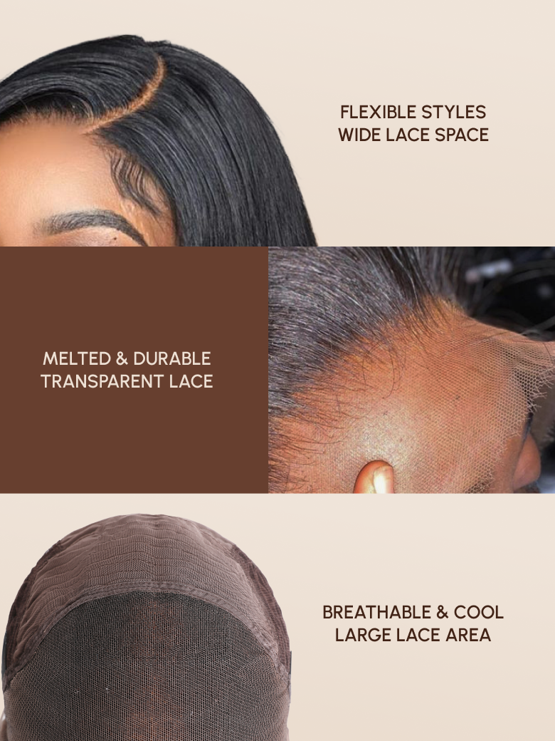 The UNice 200% Density 13x4 Transparent Lace Frontal Black Straight 7x5 Bye Bye Knots image highlights FLEXIBLESTYLES, WIDELACESPACE, MELTED&DURABLE, TRANSPARENTLACE.