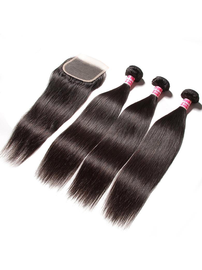 The UNice 5x5 HD Invisible Lace Closure With 3Pcs Straight Human Hair Bundles product image shows 3 bundles brazilian virgin hair bundles with closure closure closure.