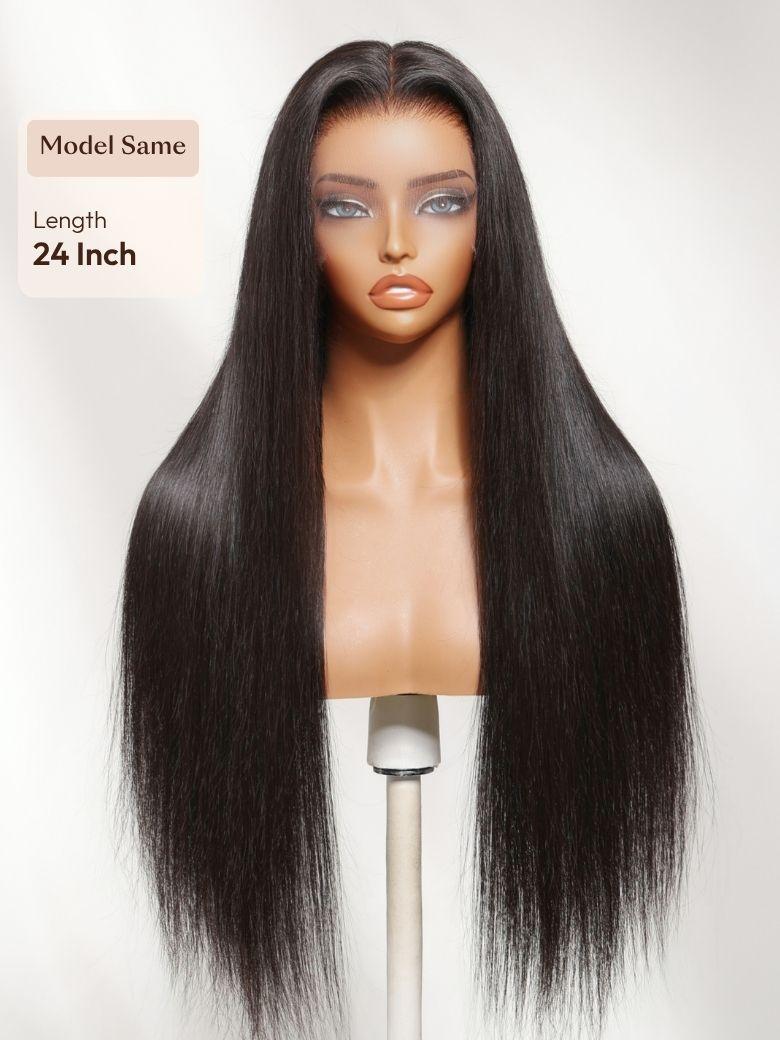 The UNice 360 HD Lace Pre-plucked Luxury Raw Virgin Hair Natural Black Straight Wig visual image position 2 shows a wig with long hair on a mann | straight texture.