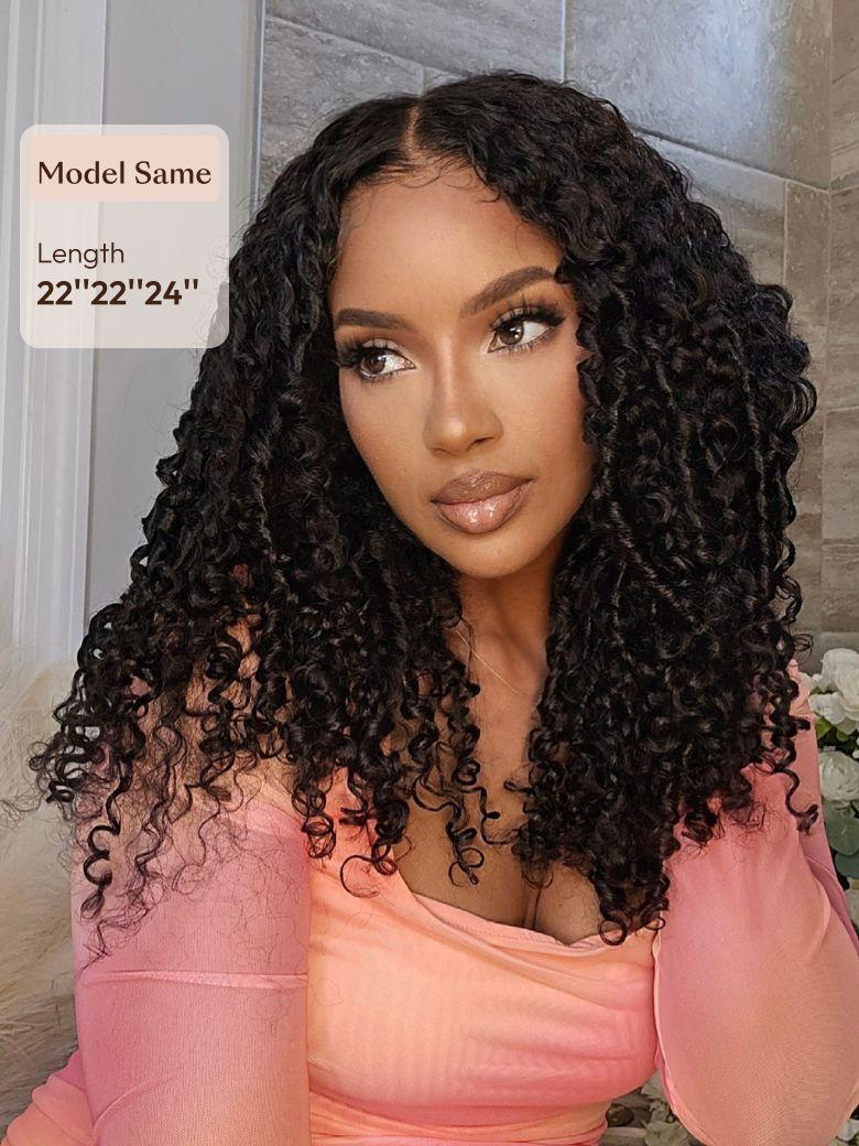 A model displays the UNice 3 Pcs/pack Burmese Curly Human Hair 3 Bundles With Twist Out Ends, showing a model with long curly hair wearing a pink top and Burmese curly.