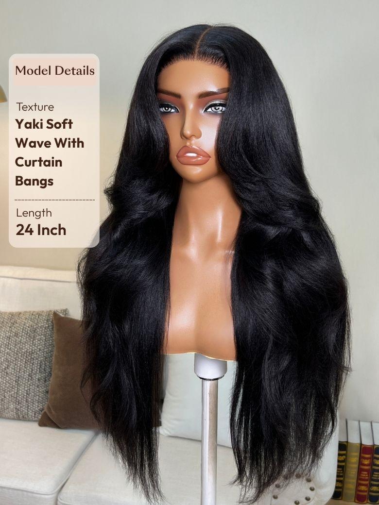 The UNice 7x5 Bye Bye Slip Glueless Lace Black Yaki Straight Blowout with Soft Body Wave image highlights Model Details, Texture, Yaki Soft, WaveWith, a wig with long.