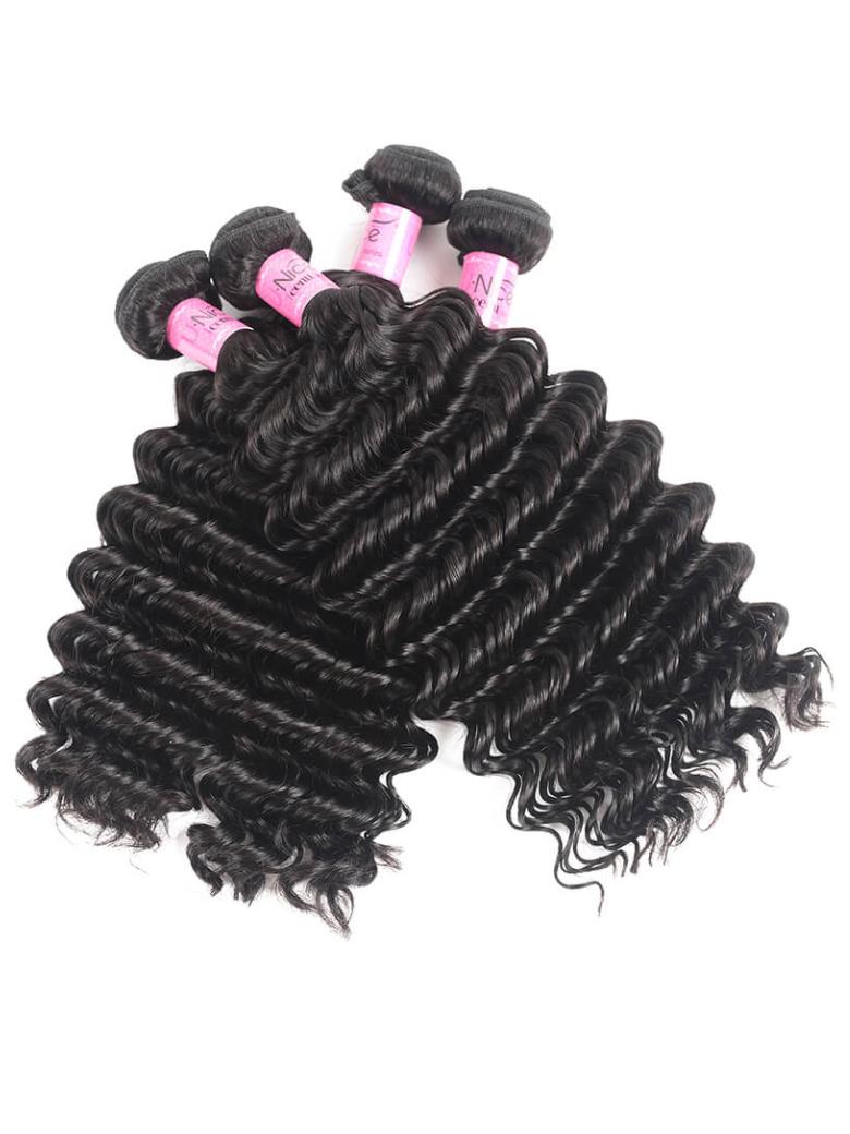 The UNice Hair Bundles 4 Pcs/pack Peruvian Deep Wave Virgin Human Hair product image shows virgin hair bundles and deep wave texture, bundle fullness.