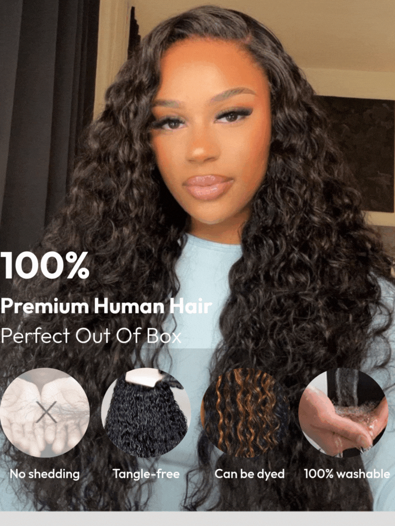 A model displays the UNice Invisi Drawstring " 13x4 Pre-Everything Natural Black Micro Water Wave Wig, showing a model with long curly hair and a white shirt and water.
