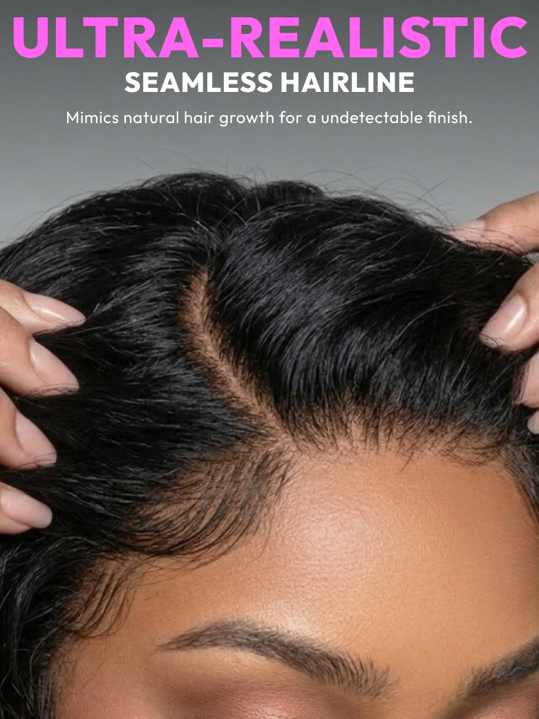 A model displays the UNice Allofdestiny Same UNice Bye Bye Slip 6x4 Glueless Lace "C" Side Part Loose wig, showing a model with her hair in the middle of her head.