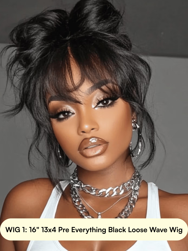 A model displays the UNice 13x4 Lagge Lace Wig, showing a model with black hair and a white top and 13x4, lace finish.