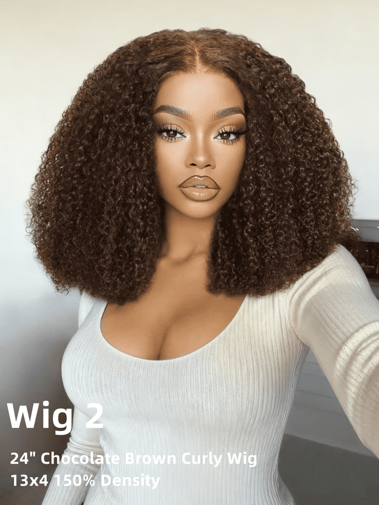 A model displays the UNice Limited Stock 13x4/5x5 HD/4x4 pre Cut 22"-34" Highlight Water Wave/ Chocolate wig, showing wigs for black women and body wave texture, water.