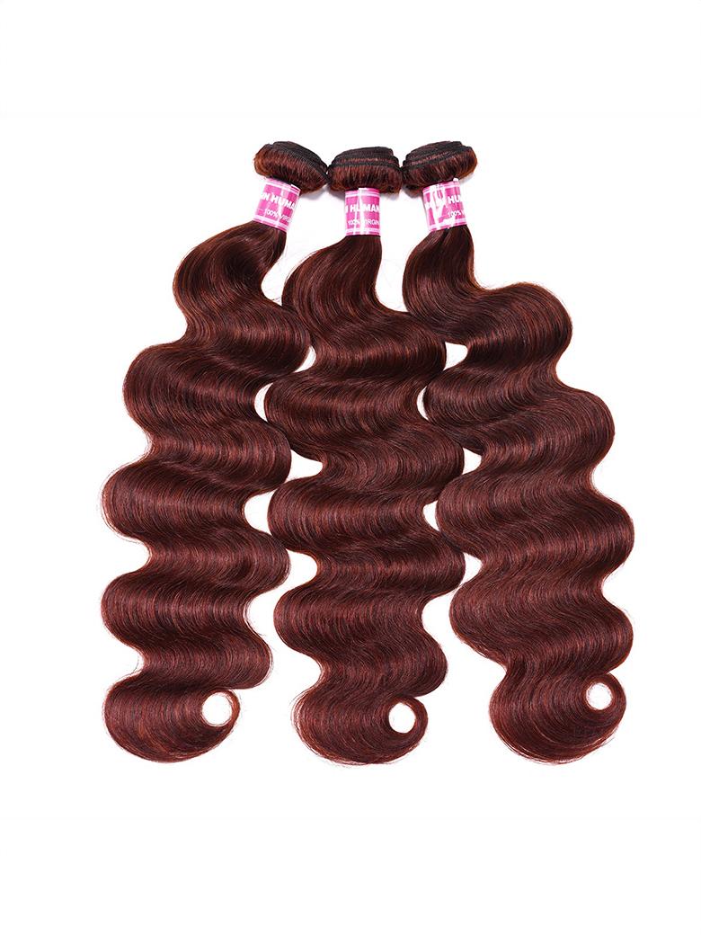 The UNice Dark Auburn Body Wave Remy Human Hair 3 Bundles With Closure Deal product image shows body wave hair extensions and body wave texture, bundle fullness.