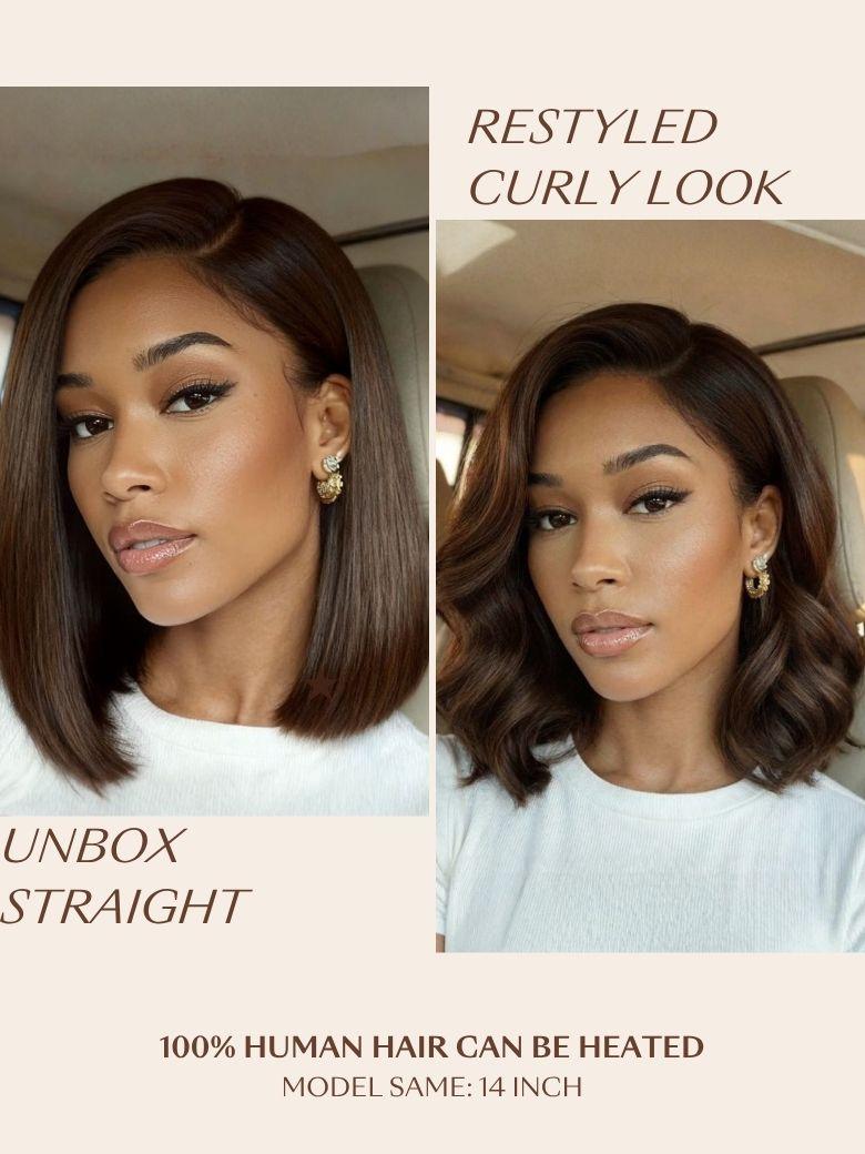 A model displays the UNice Bye Bye Slip 7x5 Lace Glueless Dark Chocolate Brown Side Part Yaki Straight wig, showing a model with long hair and brown eyes, wearing.