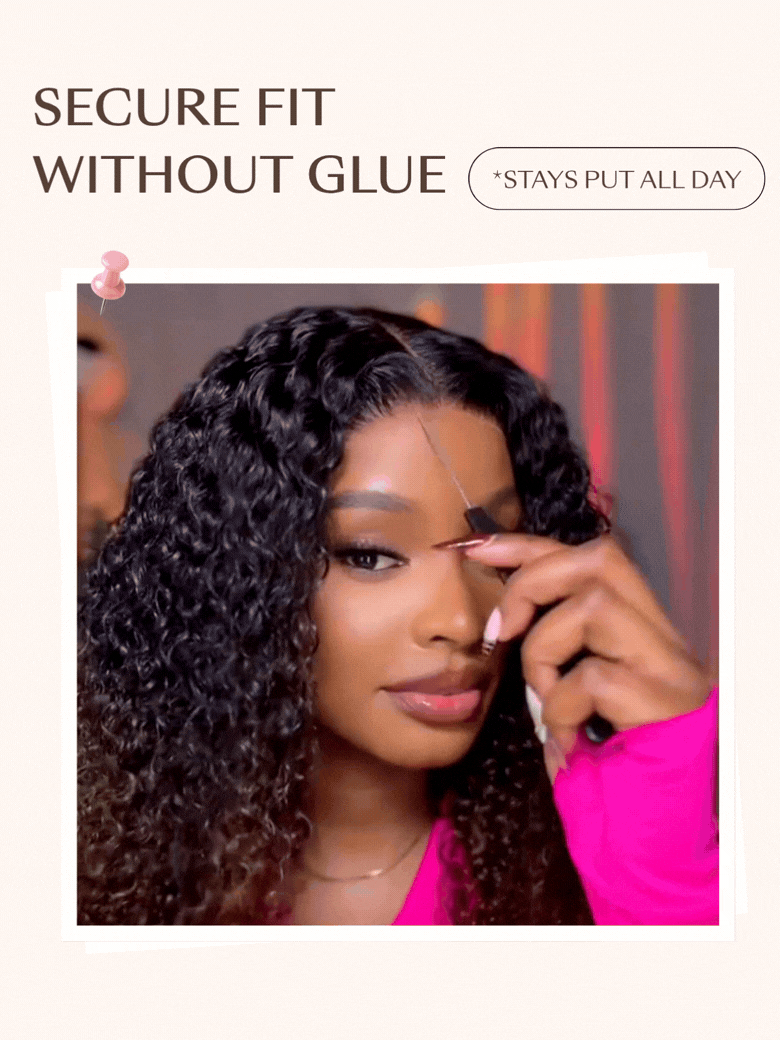 A model displays the UNice 7x5 Bye Bye Slip Glueless Lace Black to Chestnut Brown Ombre Burmese Curly wig, showing a model with long curly hair is putting her eyeliner.