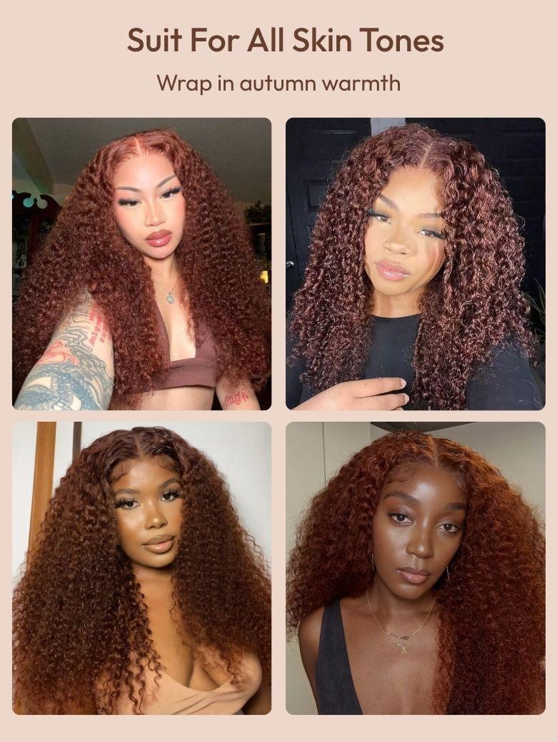 A model displays the UNice With Drawstring 7x5 Bye Bye Knots Wig Glueless Lace Jerry Curly Reddish Brown Wig, showing a model with long curly hair and a black top.