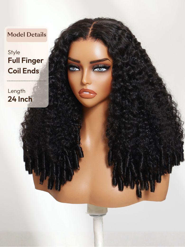 A model displays the UNice 13x4 Pre-Everything Curly Texture Premium Hair Drawstring Wig With Finger Coil, showing a model with long curly hair and a full wig and curly.