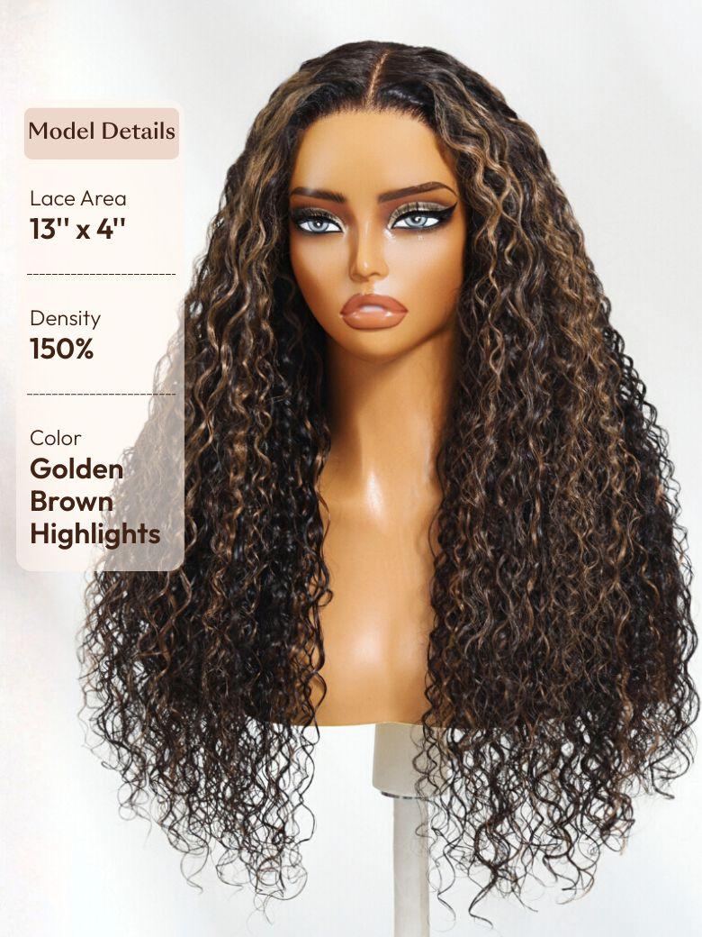 A model displays the UNice 7x5 Bye Bye Knots & 13x4 Pre-Everything Lace Frontal Natural Black & Golden, showing a model with long curly hair and a full wig and water.