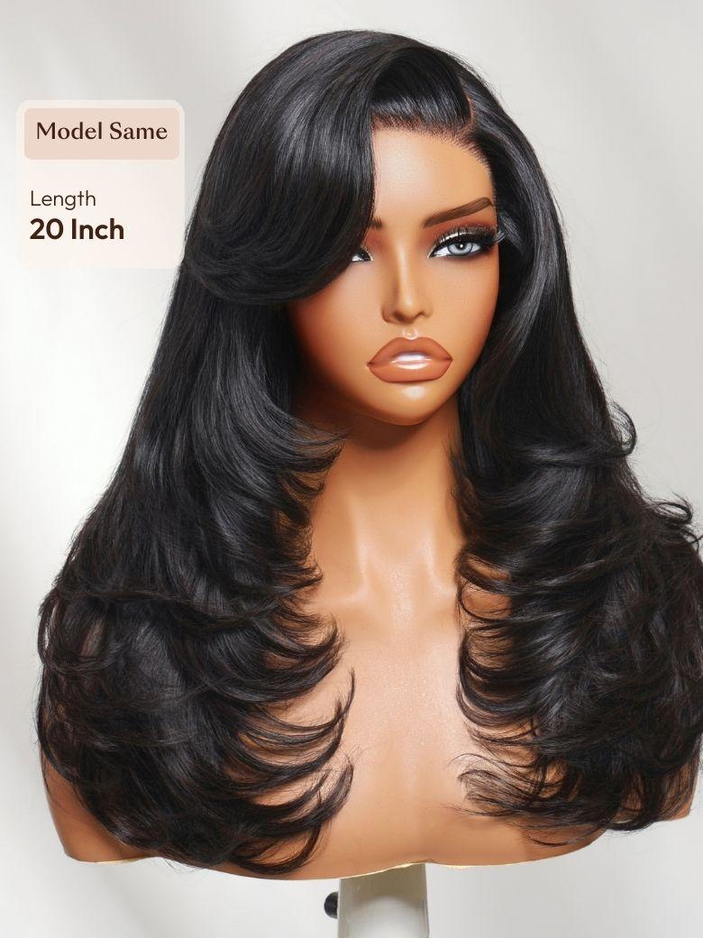 A model displays the UNice 200% Density 7x5 Bye Bye Slip Lace Feathered Blowout Wig with Face-Framing, showing a wig with long black hair and bangs and 7x5, lace finish.