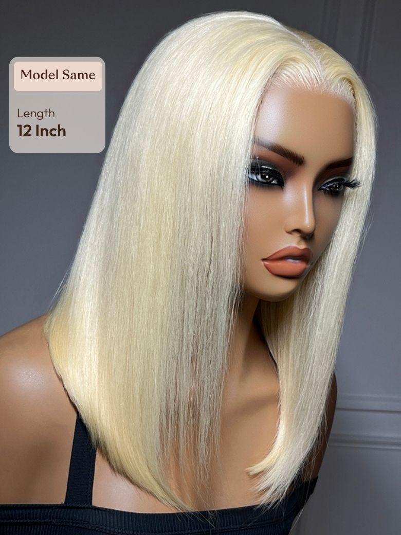 The UNice 13x4 Pre-Everything Lace Frontal 613 Blonde Glueless Bob Wig For Summer visual image position 5 shows blonde blonde wig with bangs | 613 blonde, 13x4, glueless.