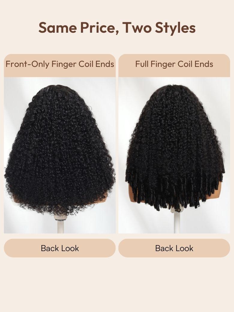 The UNice 20''-24'' Real Glueless 7x5 Bye Bye Knots Lace Curly Texture Premium Hair wig image highlights Same Price, Two Styles, Front-Only Finger Coil Ends, Full Finger.