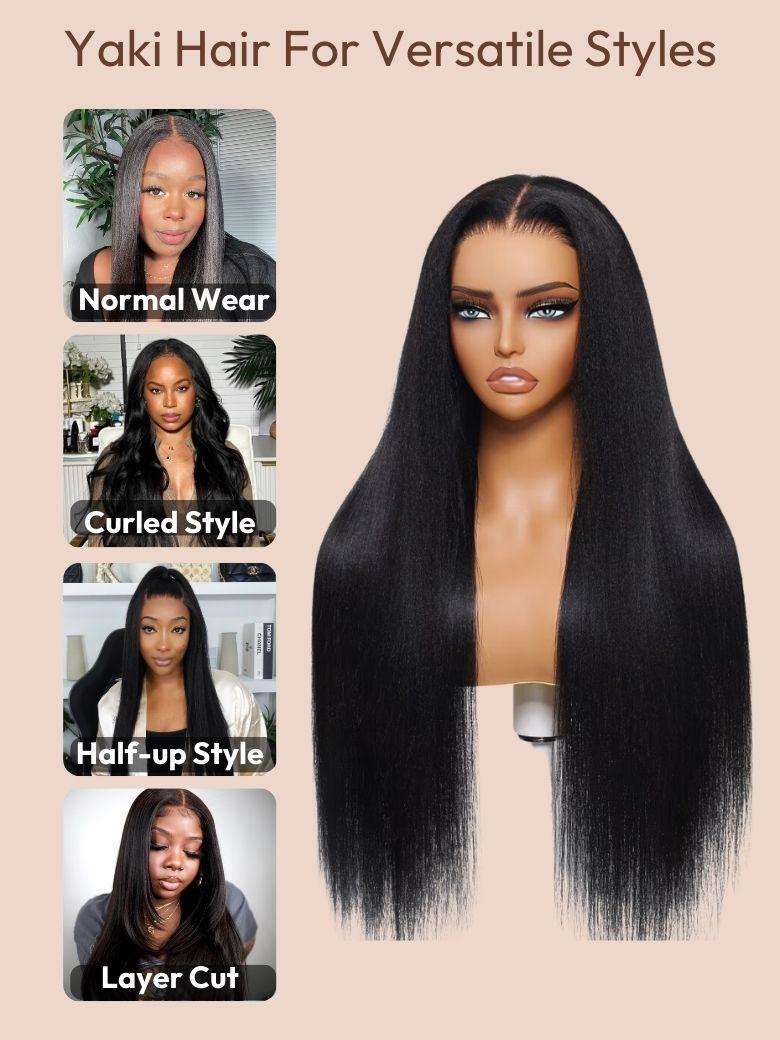 The UNice ByeBye Knots Wig 7x5 Glueless Lace Black Yaki Straight Wig With Elastic image highlights Yaki Hair For Versatile Styles, Normal Wear, Curled Style, Half-up.