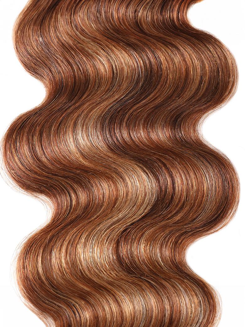 The UNice Honey Blonde Piano Highlighted Body Wave 4Pcs Bundles With Closure product image shows a wavy wavy hair piece and body wave texture, honey blonde, highlight.