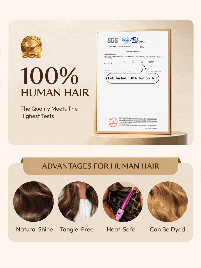 A model displays the UNice 13x4 Pre-Everything Lace Front Wig Balayage Highlights Body Wave Wig, showing a poster with a bunch of hair products and body wave texture.