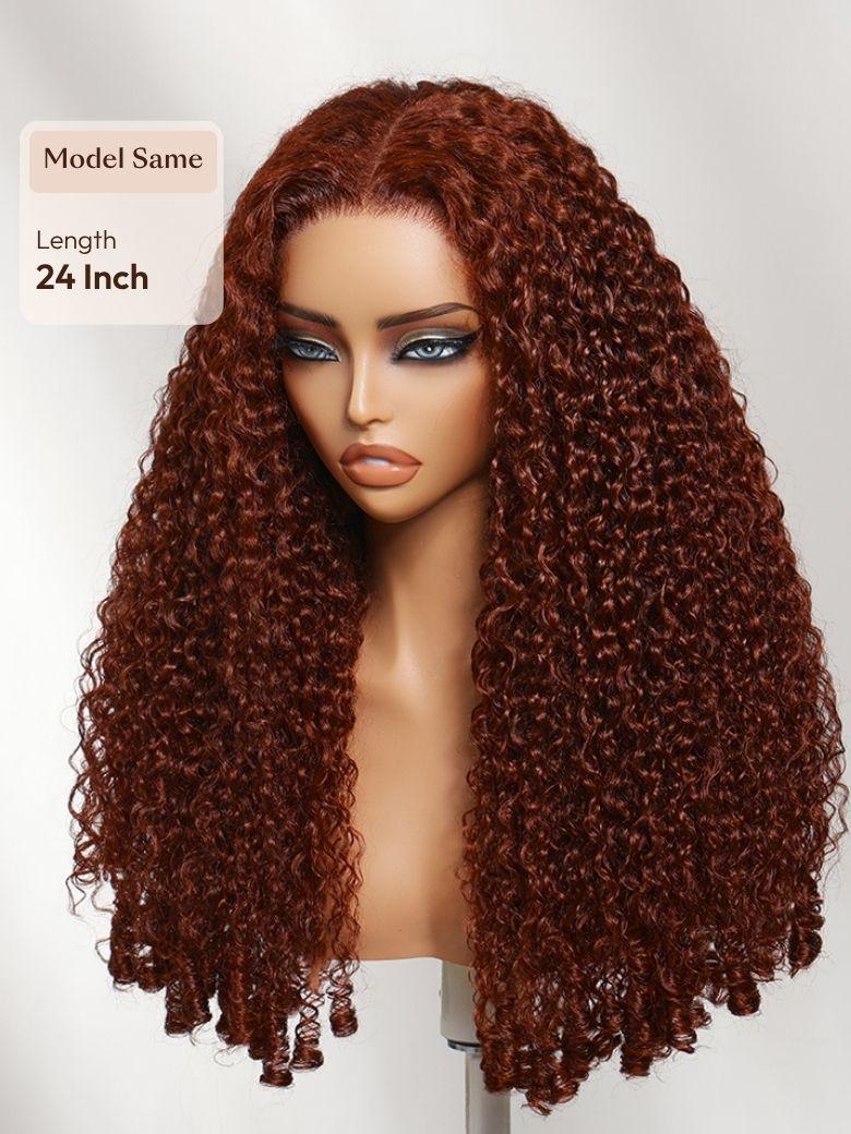 A model displays the UNice Bye Bye Slip 7x5 Lace Warm Brown with Beige Blonde Ribbon Highlights Layered wig, showing a model with blonde hair and a black top.