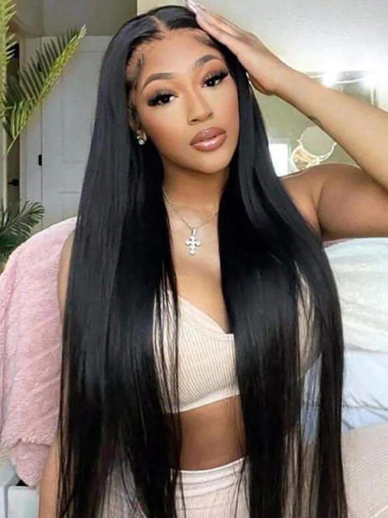 A model displays the UNice 5x5 HD Lace Free Part Human Hair Straight Lace Closure, showing a woman wearing a long black wig and straight texture, 5x5, lace finish.